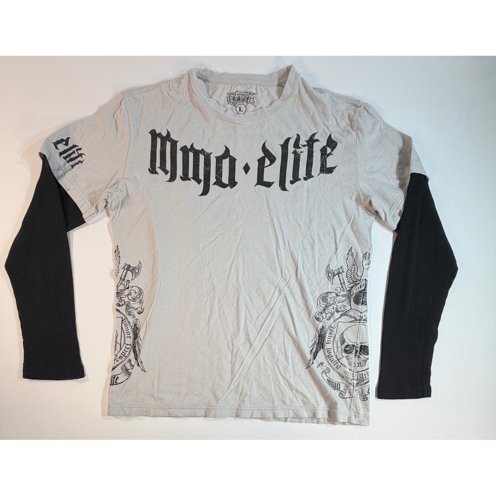 MMA Elite Mens Graphic Long Sleeve Shirt Grey Black Skull Gothic Y2K Large